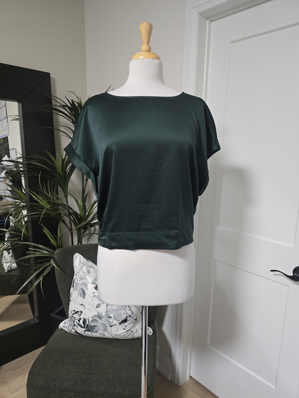 Women's Satin Dolman Top - Dark Green